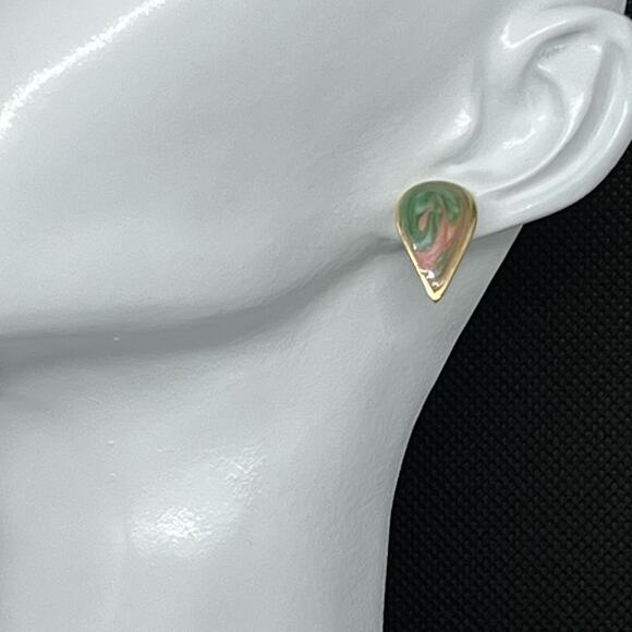 Vintage Gold-Tone Peach & Green Swirl Post Earrings, Teardrop Design - Picture 1 of 15